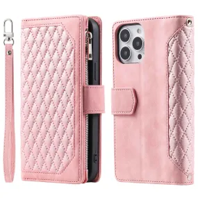 005 Rhombus Grid Textured PU Leather Phone Case for iPhone 14 Plus 6.7 inch, Zipper Pocket Stand Wallet Cover with Strap