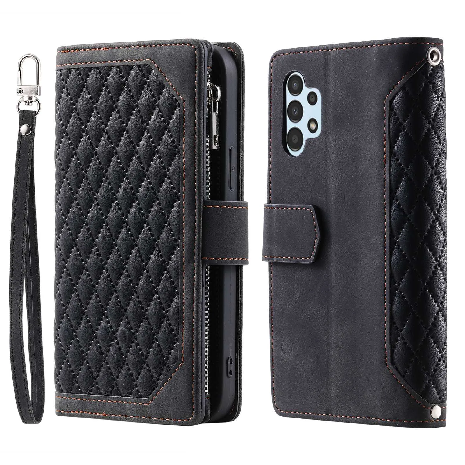 005 Style for Samsung Galaxy A32 5G / M32 5G Zipper Pocket Design Phone Stand Wallet PU Leather Cover Rhombus Texture Protective Case Shell with Strap