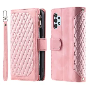 005 Style for Samsung Galaxy A32 5G / M32 5G Zipper Pocket Design Phone Stand Wallet PU Leather Cover Rhombus Texture Protective Case Shell with Strap