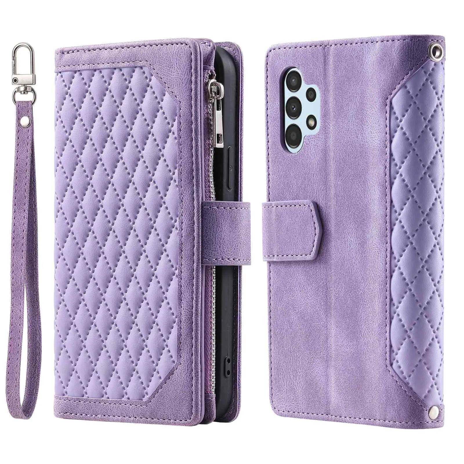 005 Style for Samsung Galaxy A32 5G / M32 5G Zipper Pocket Design Phone Stand Wallet PU Leather Cover Rhombus Texture Protective Case Shell with Strap