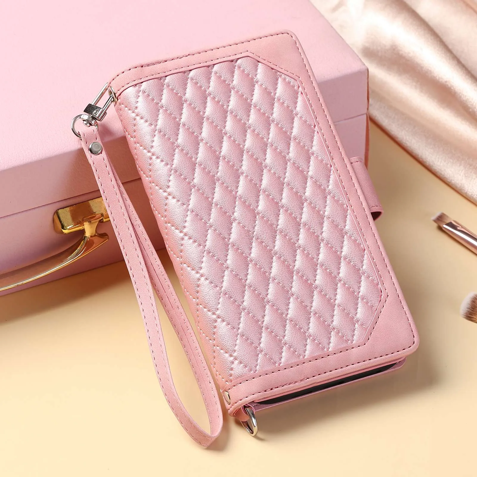 005 Style for Samsung Galaxy A32 5G / M32 5G Zipper Pocket Design Phone Stand Wallet PU Leather Cover Rhombus Texture Protective Case Shell with Strap