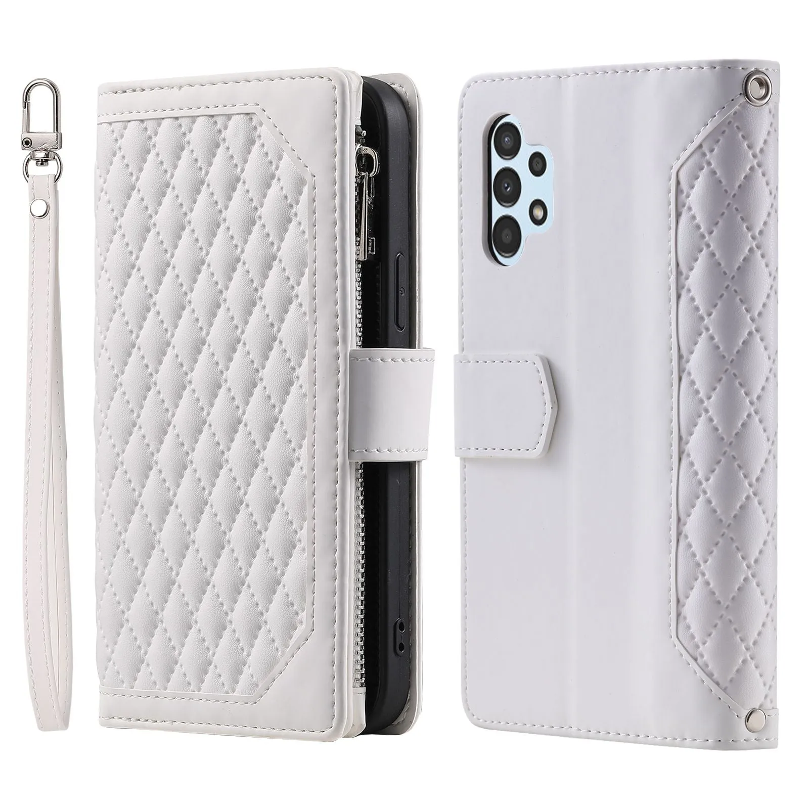 005 Style for Samsung Galaxy A32 5G / M32 5G Zipper Pocket Design Phone Stand Wallet PU Leather Cover Rhombus Texture Protective Case Shell with Strap