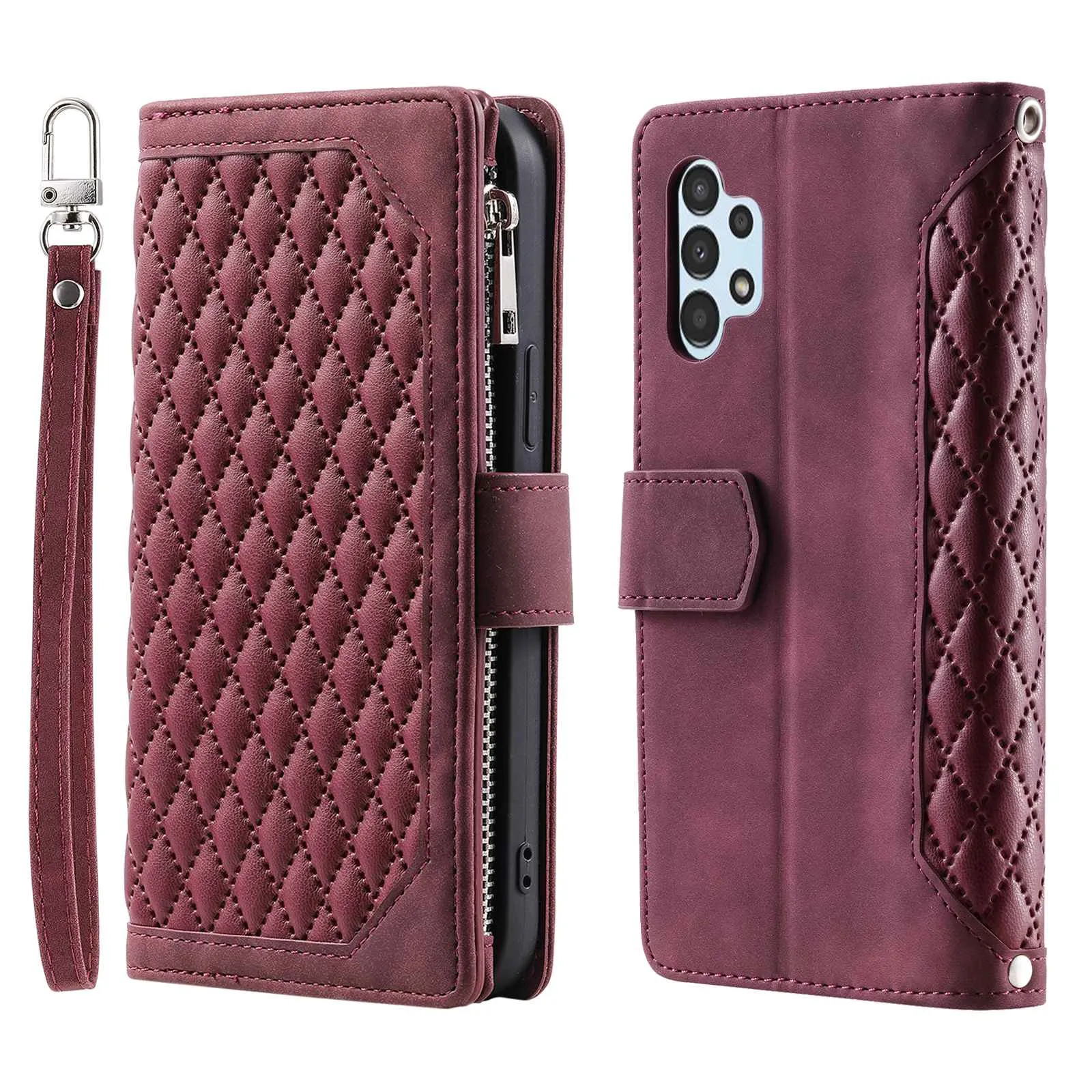 005 Style for Samsung Galaxy A32 5G / M32 5G Zipper Pocket Design Phone Stand Wallet PU Leather Cover Rhombus Texture Protective Case Shell with Strap