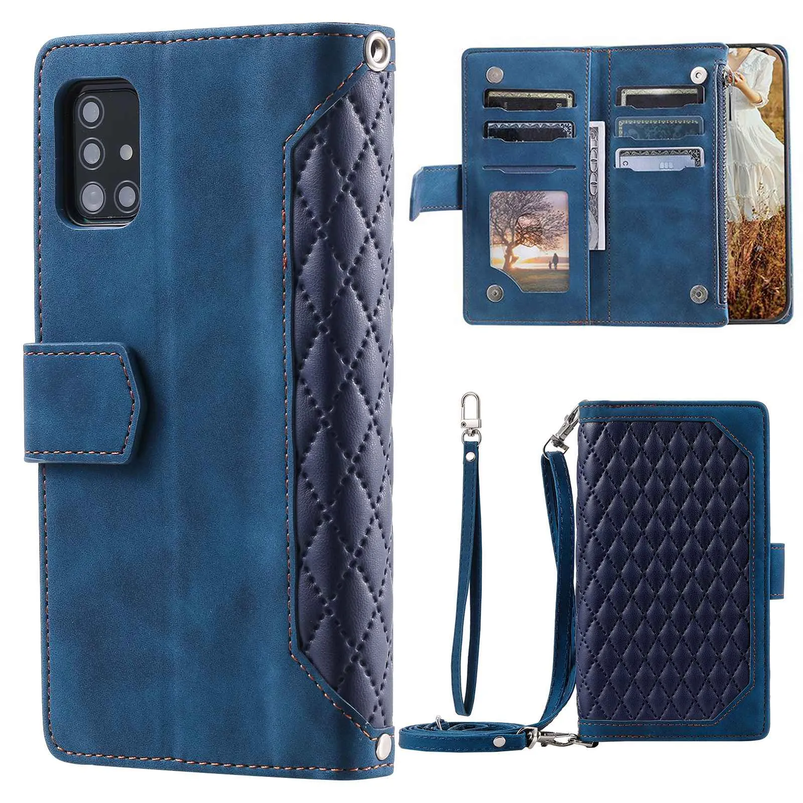 005 Style For Samsung Galaxy A51 4G SM-A515, Rhombus Texture Wallet Style PU Leather Phone Case Zipper Pocket Stand Feature Shell with Strap