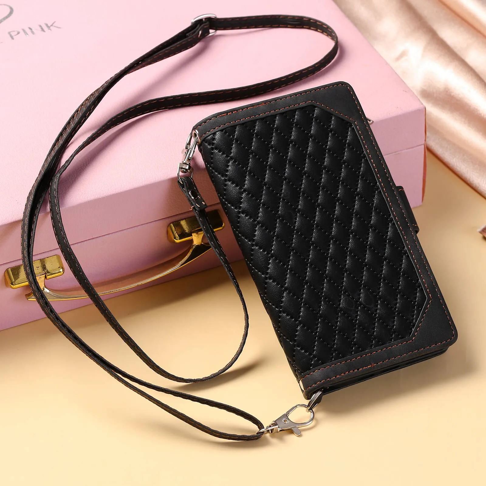 005 Style For Samsung Galaxy A51 4G SM-A515, Rhombus Texture Wallet Style PU Leather Phone Case Zipper Pocket Stand Feature Shell with Strap