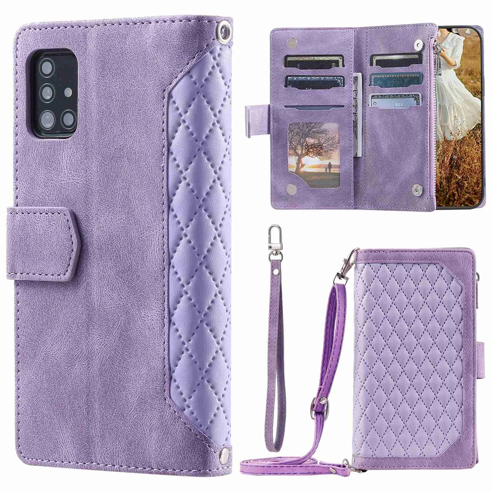 005 Style For Samsung Galaxy A51 4G SM-A515, Rhombus Texture Wallet Style PU Leather Phone Case Zipper Pocket Stand Feature Shell with Strap