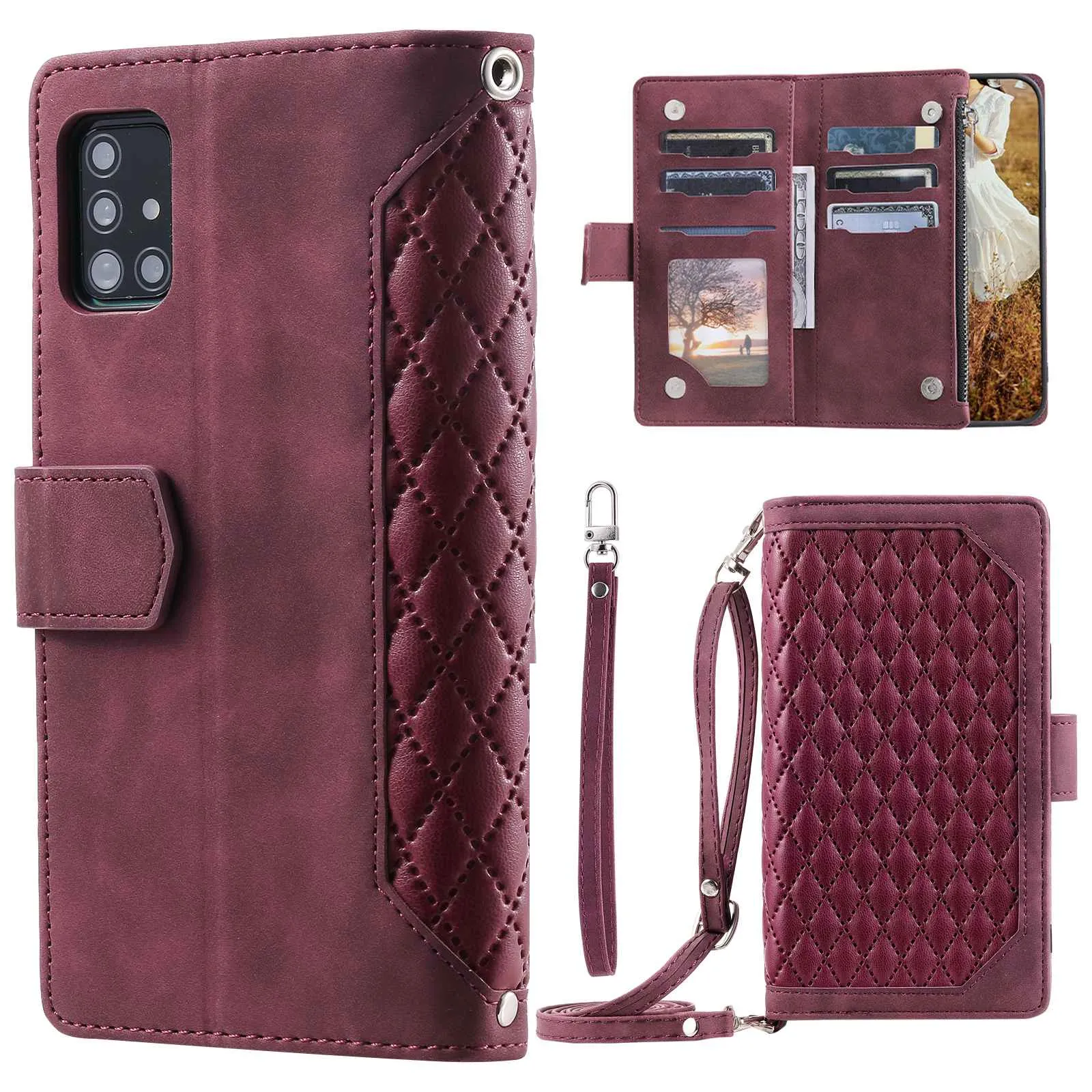 005 Style For Samsung Galaxy A51 4G SM-A515, Rhombus Texture Wallet Style PU Leather Phone Case Zipper Pocket Stand Feature Shell with Strap