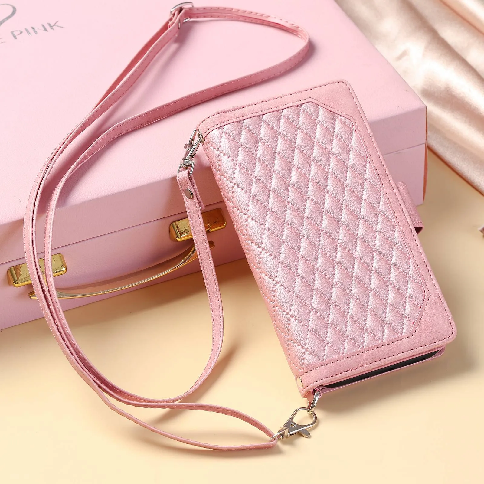 005 Style For Samsung Galaxy A51 4G SM-A515, Rhombus Texture Wallet Style PU Leather Phone Case Zipper Pocket Stand Feature Shell with Strap