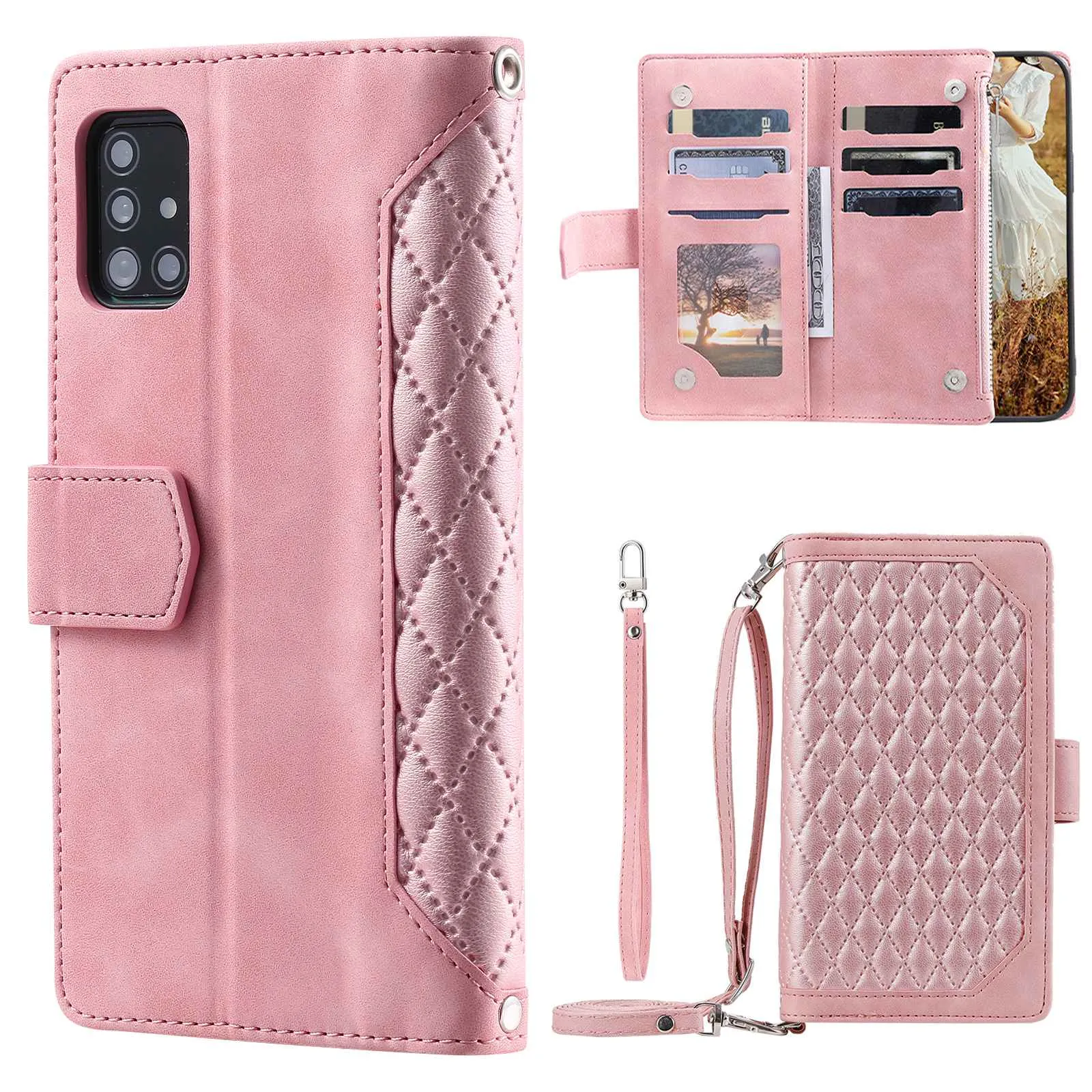 005 Style For Samsung Galaxy A51 4G SM-A515, Rhombus Texture Wallet Style PU Leather Phone Case Zipper Pocket Stand Feature Shell with Strap