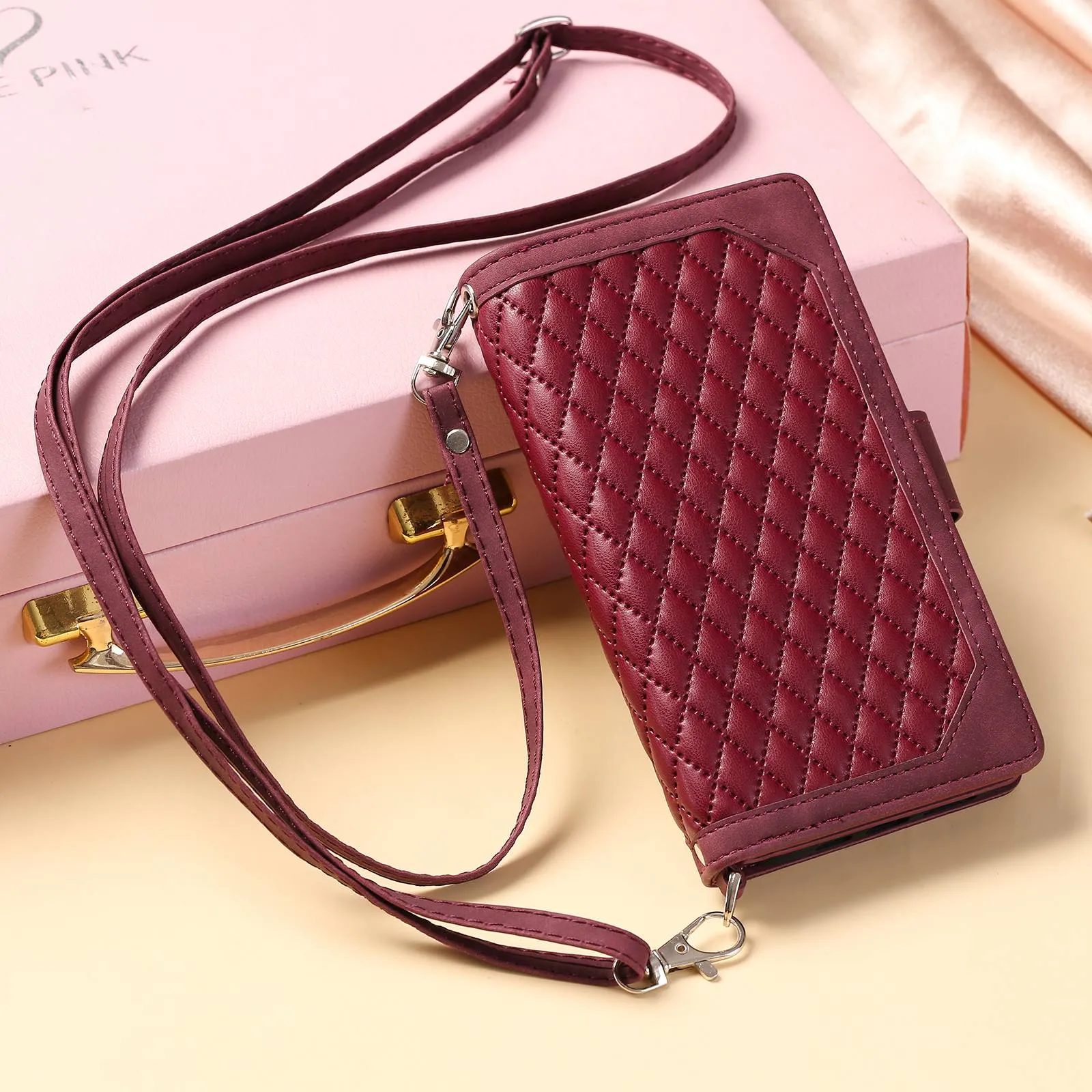 005 Style For Samsung Galaxy A51 4G SM-A515, Rhombus Texture Wallet Style PU Leather Phone Case Zipper Pocket Stand Feature Shell with Strap