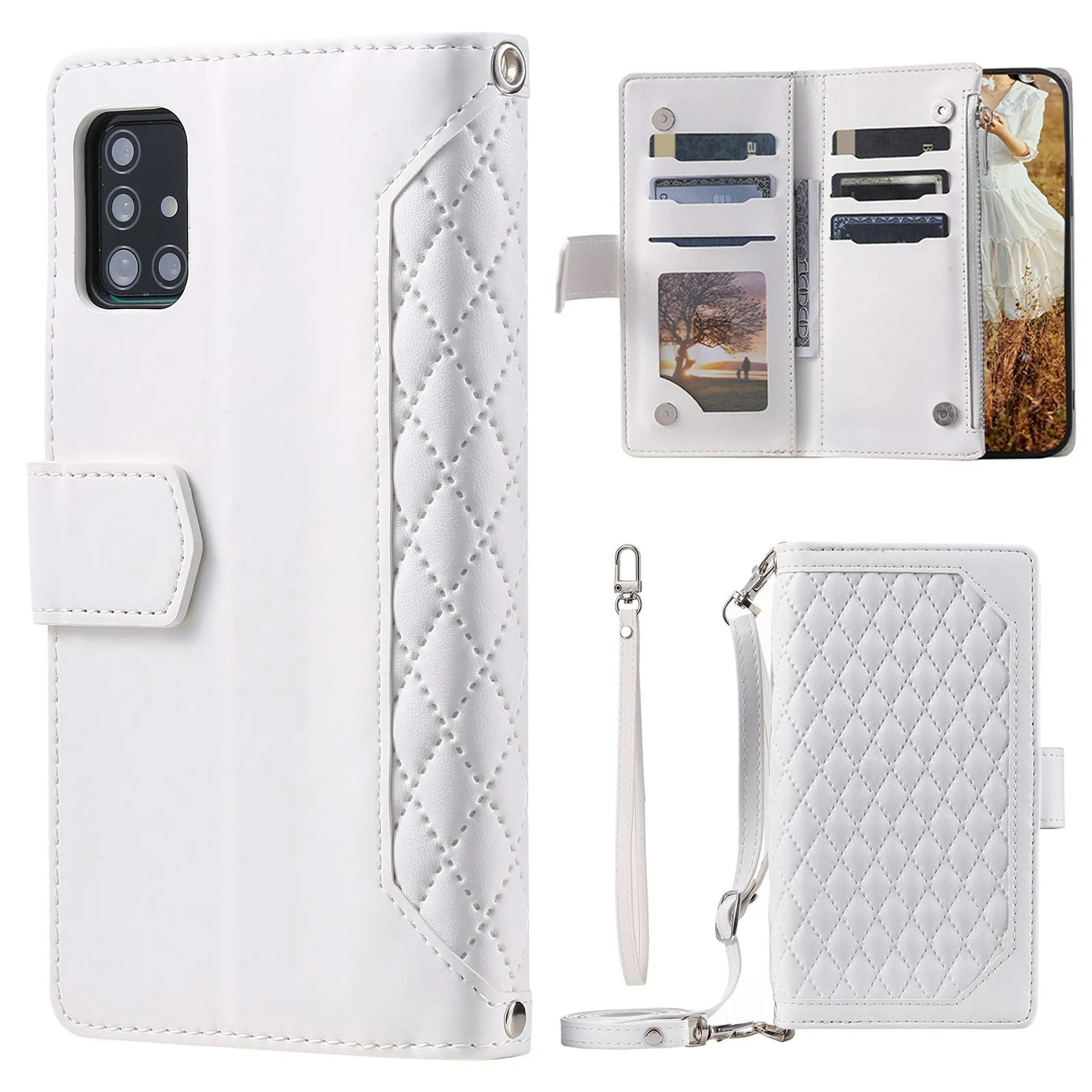 005 Style For Samsung Galaxy A51 4G SM-A515, Rhombus Texture Wallet Style PU Leather Phone Case Zipper Pocket Stand Feature Shell with Strap