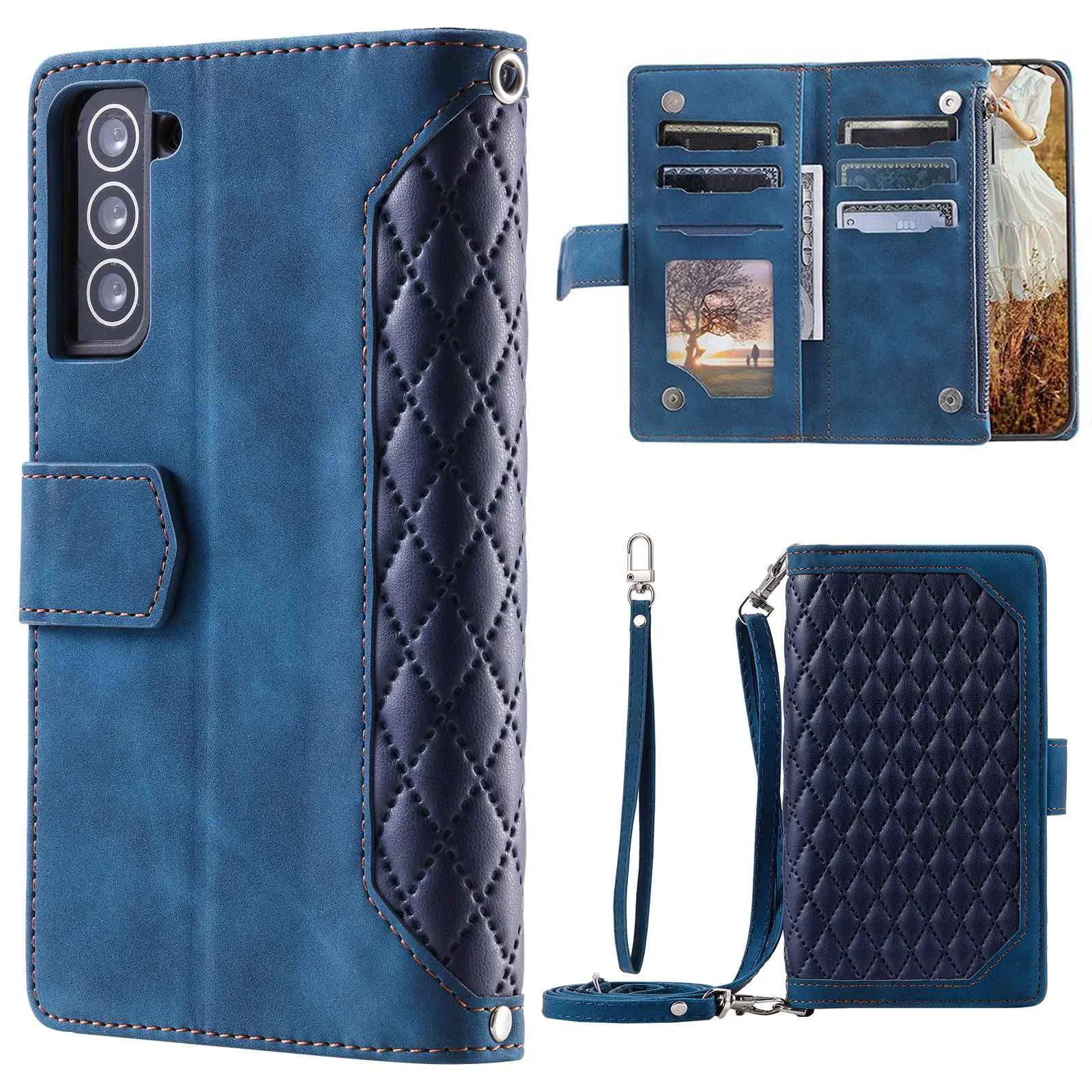 005 Style for Samsung Galaxy S21 4G / 5G, Shockproof Wallet Case Rhombus Texture Zipper Pocket PU Leather Anti-fall Phone Cover Stand