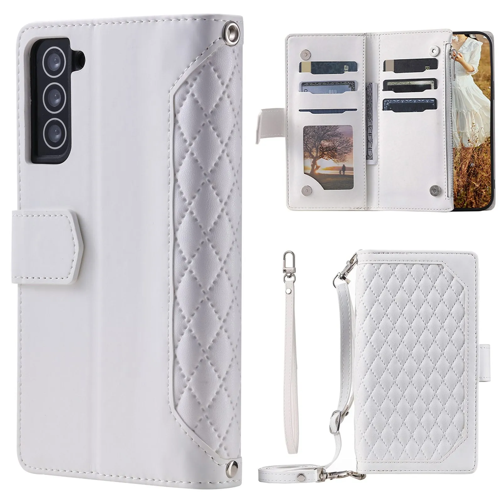 005 Style for Samsung Galaxy S21 4G / 5G, Shockproof Wallet Case Rhombus Texture Zipper Pocket PU Leather Anti-fall Phone Cover Stand