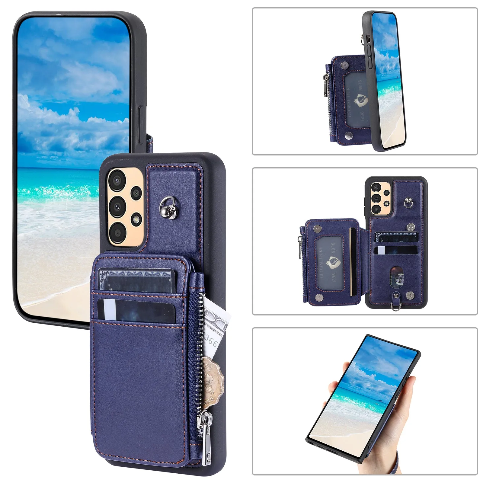 009 Phone Case for Samsung Galaxy A14 4G / 5G , RFID Blocking PU TPU Anti-drop Cover Kickstand Zipper Wallet Shell with Strap