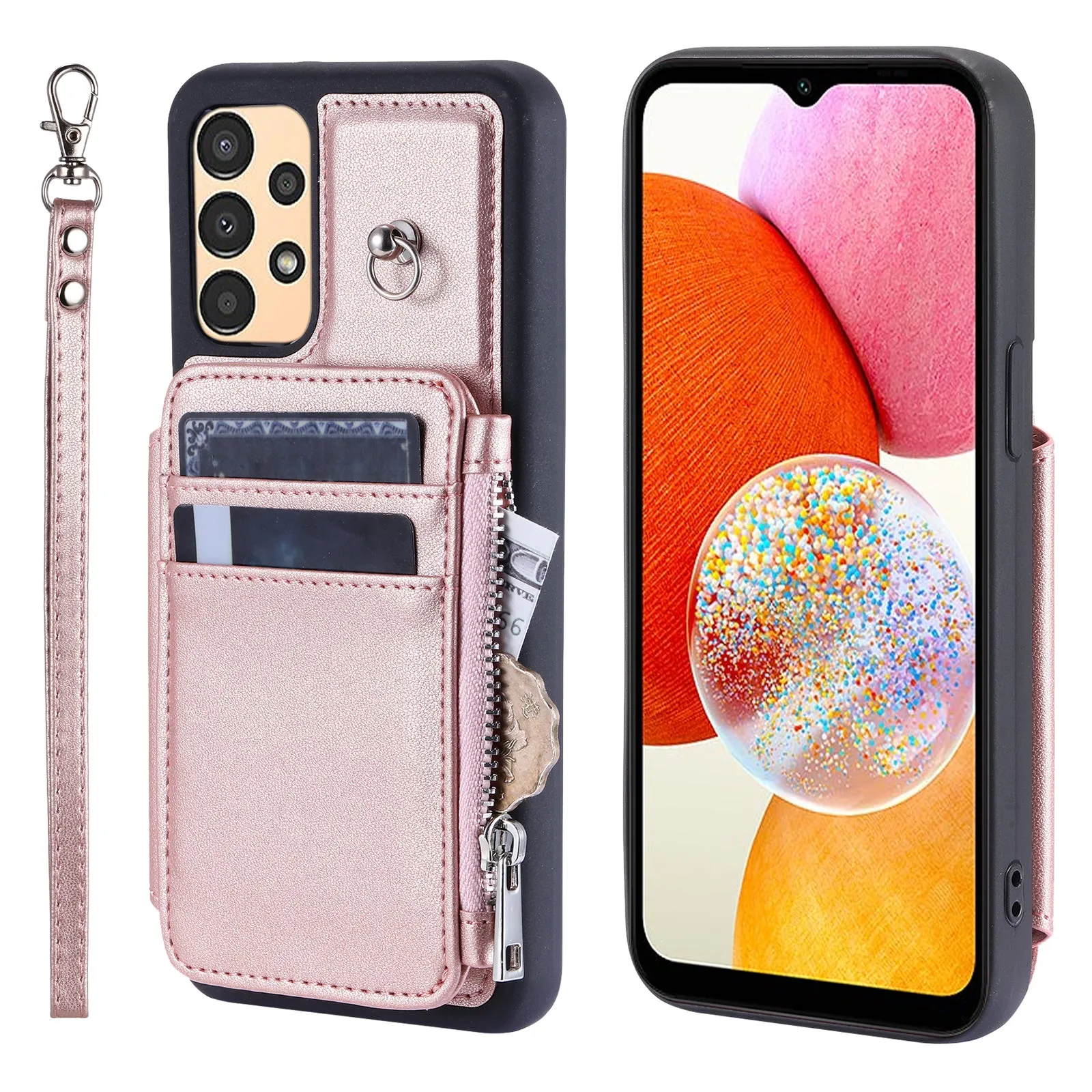 009 Phone Case for Samsung Galaxy A14 4G / 5G , RFID Blocking PU TPU Anti-drop Cover Kickstand Zipper Wallet Shell with Strap