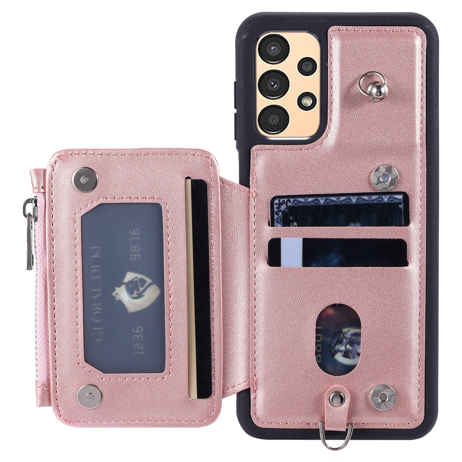 009 Phone Case for Samsung Galaxy A14 4G / 5G , RFID Blocking PU TPU Anti-drop Cover Kickstand Zipper Wallet Shell with Strap