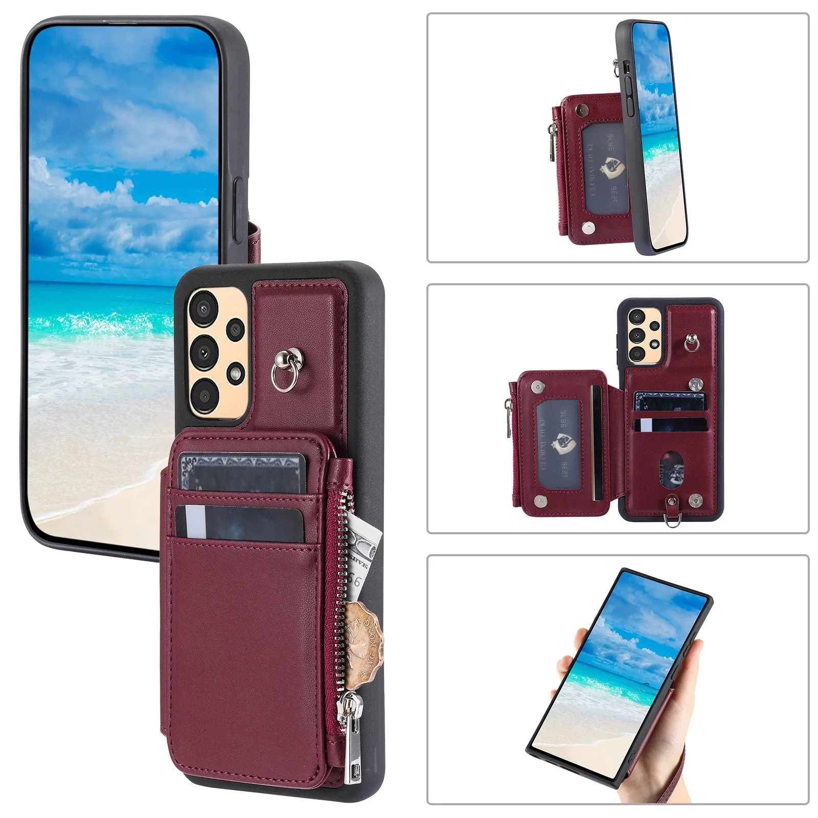 009 Phone Case for Samsung Galaxy A14 4G / 5G , RFID Blocking PU TPU Anti-drop Cover Kickstand Zipper Wallet Shell with Strap