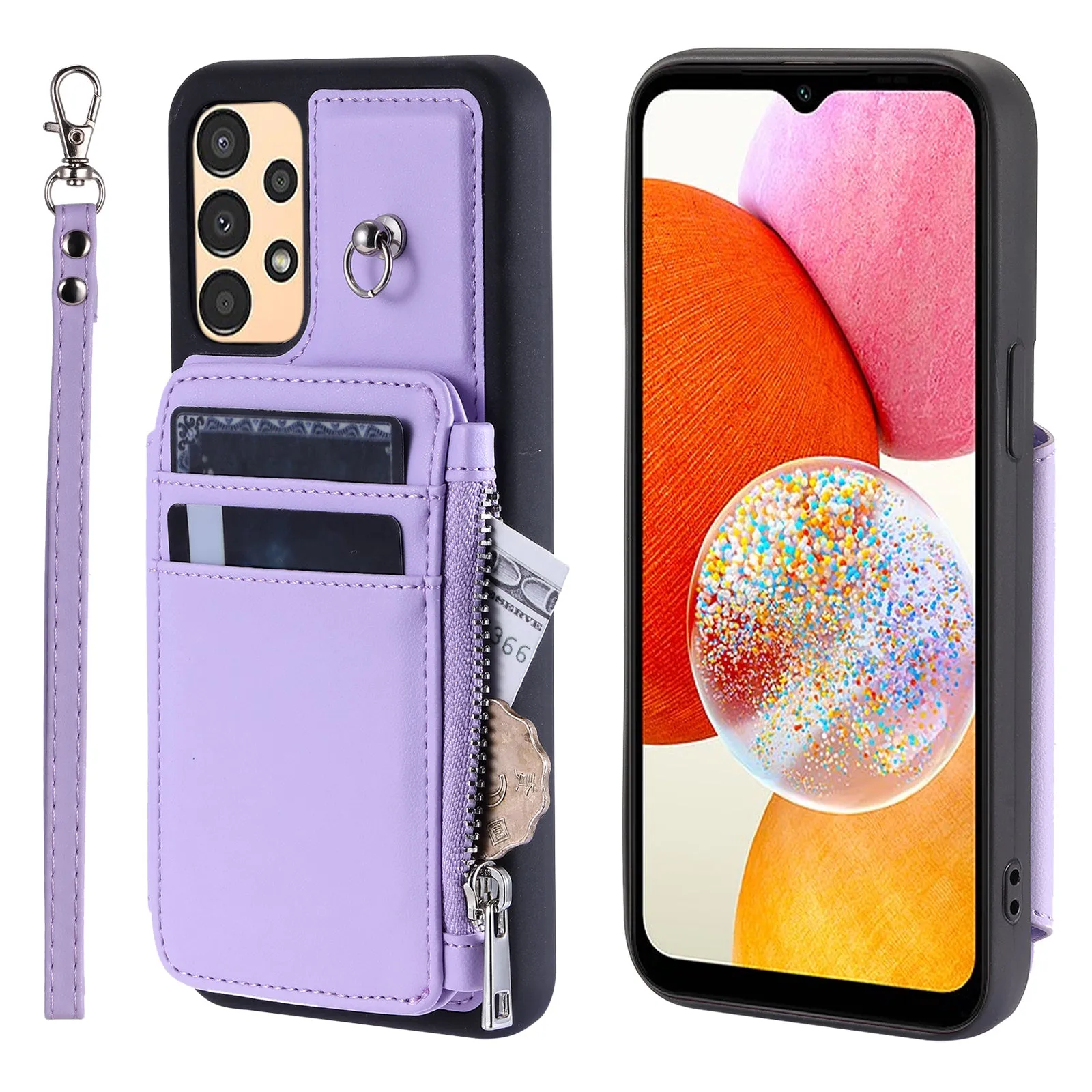 009 Phone Case for Samsung Galaxy A14 4G / 5G , RFID Blocking PU TPU Anti-drop Cover Kickstand Zipper Wallet Shell with Strap