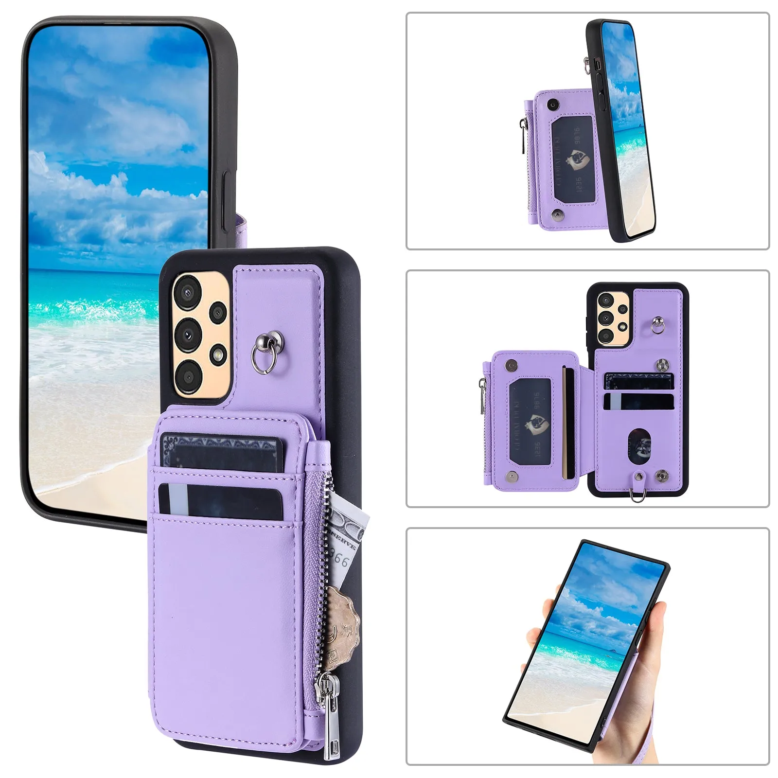 009 Phone Case for Samsung Galaxy A14 4G / 5G , RFID Blocking PU TPU Anti-drop Cover Kickstand Zipper Wallet Shell with Strap