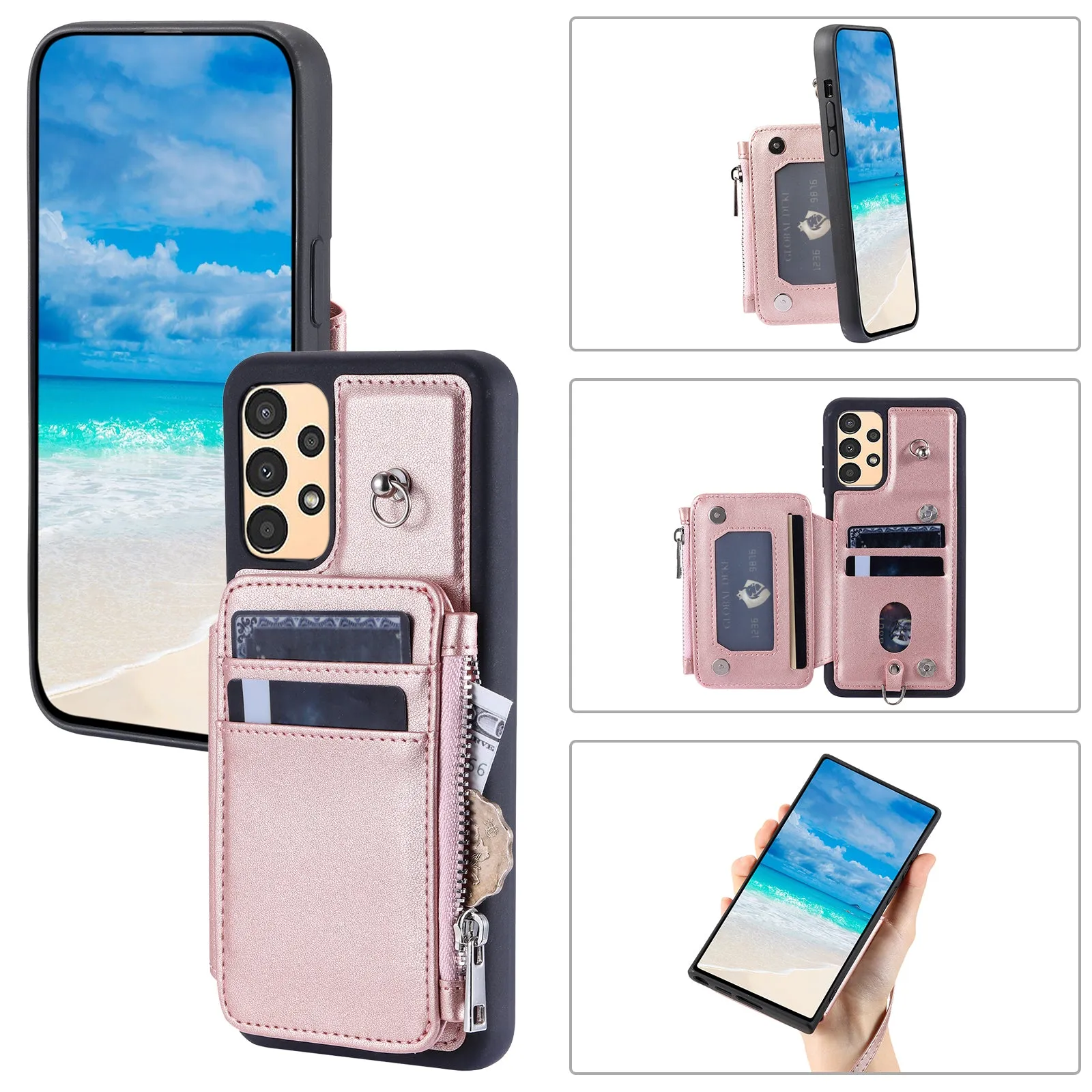 009 Phone Case for Samsung Galaxy A14 4G / 5G , RFID Blocking PU TPU Anti-drop Cover Kickstand Zipper Wallet Shell with Strap