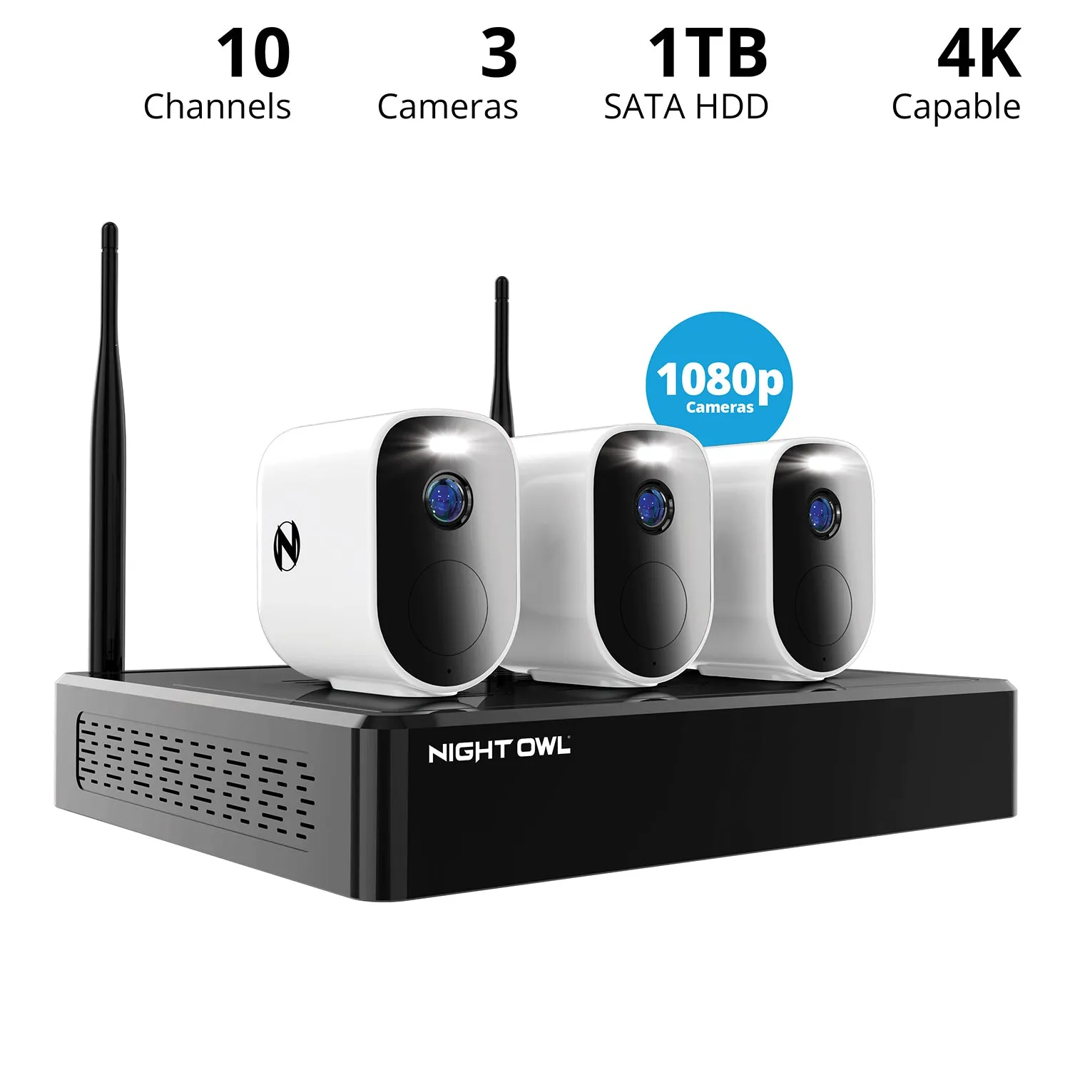 10 Channel 4K Bluetooth Wi-Fi NVR with 1TB Hard Drive and 3 Wire Free (Battery) 2K Spotlight Cameras with 2-Way Audio and Audio Alerts and Sirens