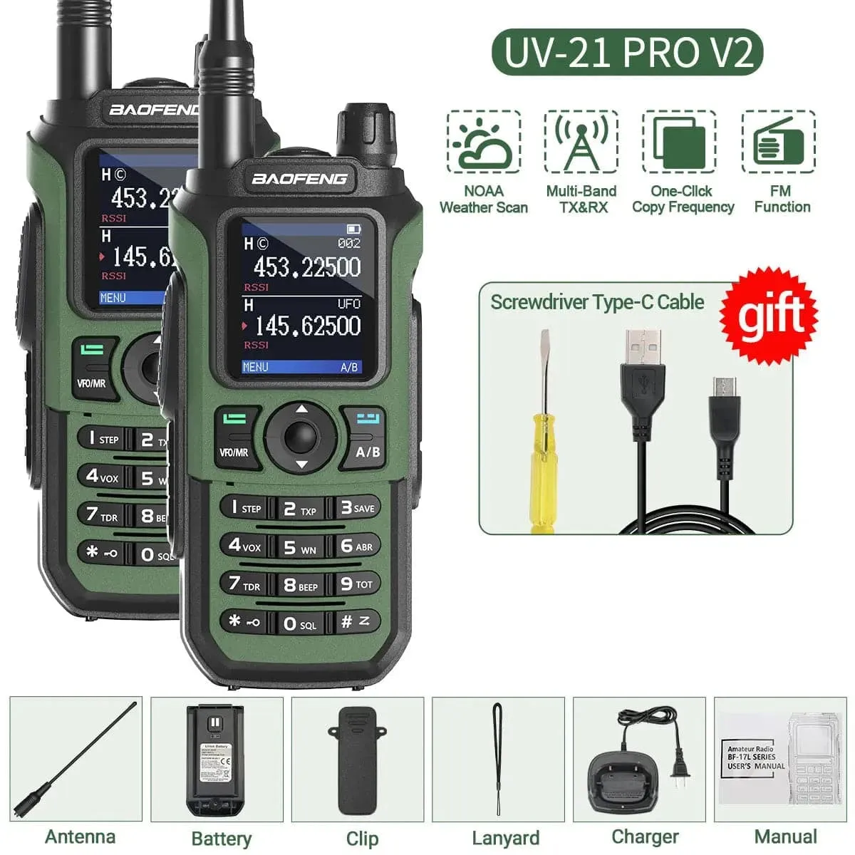 2PCS Baofeng UV-21 Pro Walkie Talkie Tri-Band Wireless Copy Frequency Long Range 999CH High Power UV 5R Ham Two Way Radio