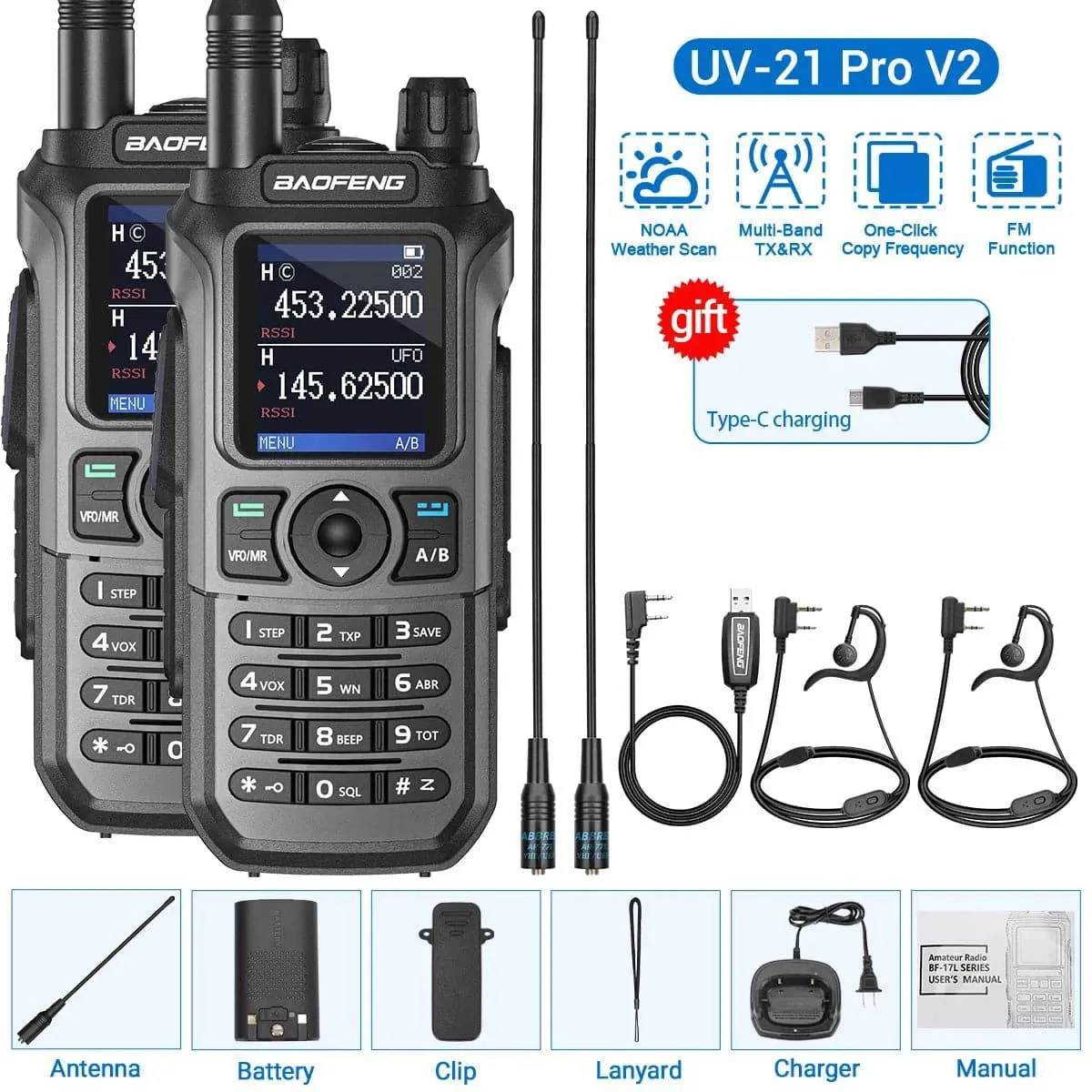 2PCS Baofeng UV-21 Pro Walkie Talkie Tri-Band Wireless Copy Frequency Long Range 999CH High Power UV 5R Ham Two Way Radio