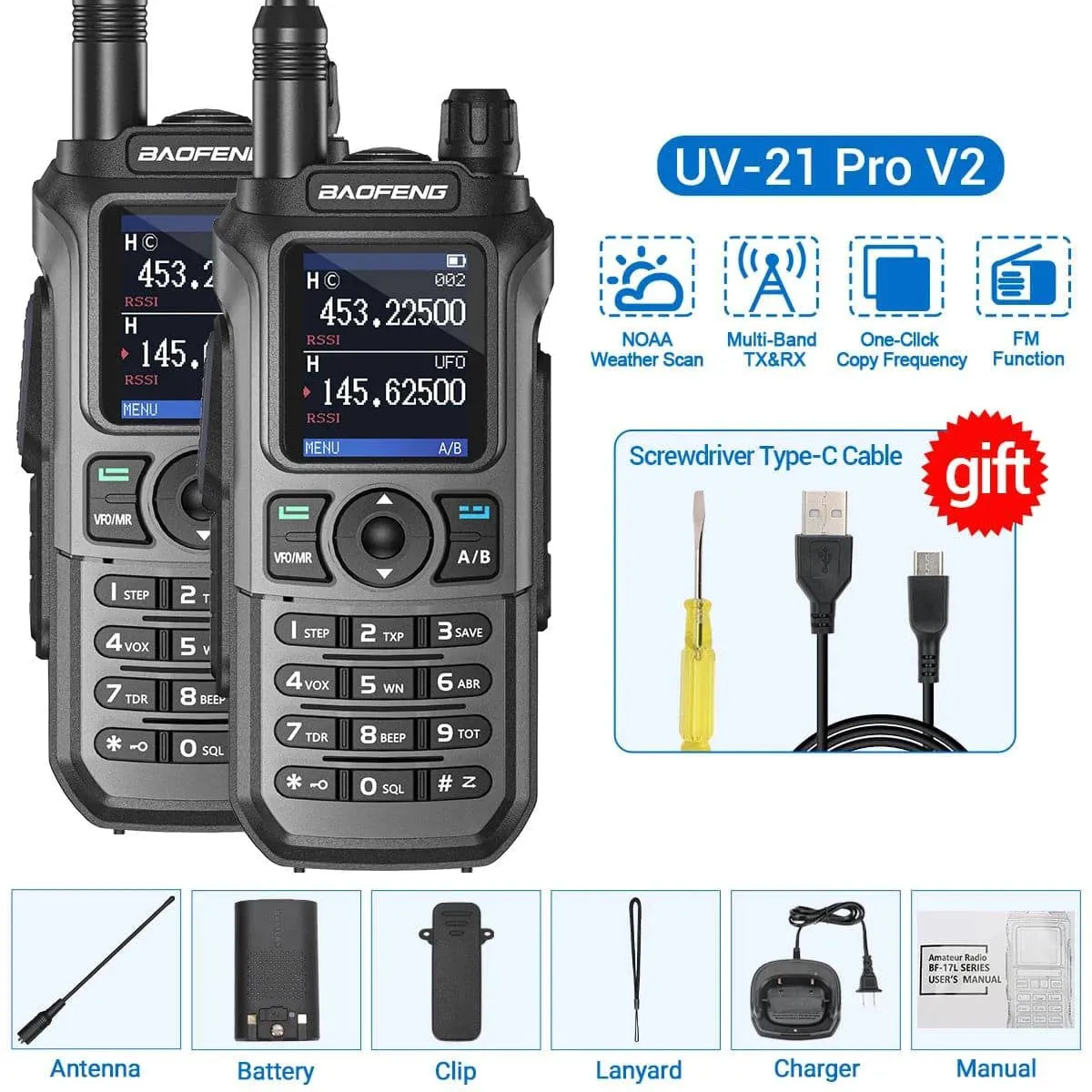 2PCS Baofeng UV-21 Pro Walkie Talkie Tri-Band Wireless Copy Frequency Long Range 999CH High Power UV 5R Ham Two Way Radio