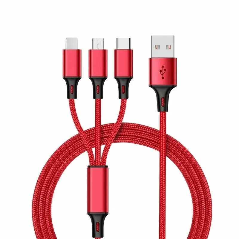 3-in-1 Nylon Braided 4FT 3A Charging Cable (8Pin, Type-C, Micro USB) Red