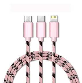 3 in 1 Nylon Braided Multiple USB Charger Cable Micro USB/Type C Compatible with Apple Android Tablet and More Device (1 Meter)