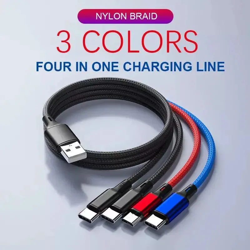 4-in-1 Multi Charging Cable 2 Pack - Phone/Type C/Micro USB, 4FT, Nylon Braided