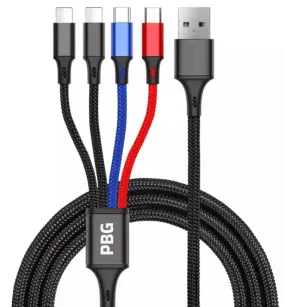 4-in-1 Multi Charging Cable 2 Pack - Phone/Type C/Micro USB, 4FT, Nylon Braided