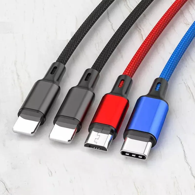 4-in-1 Multi Charging Cable 2 Pack - Phone/Type C/Micro USB, 4FT, Nylon Braided