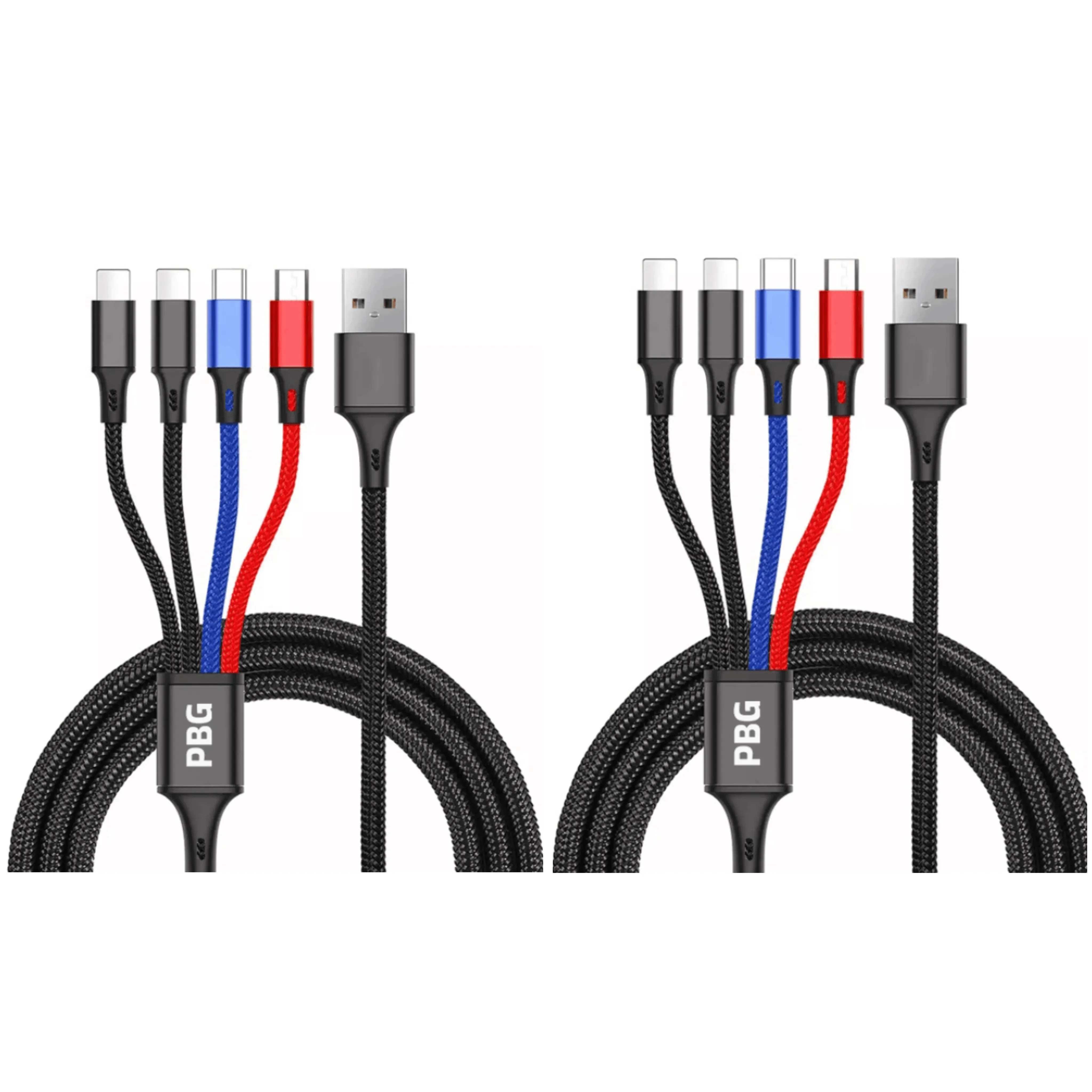 4-in-1 Multi Charging Cable 2 Pack - Phone/Type C/Micro USB, 4FT, Nylon Braided