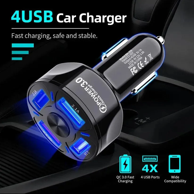 4 Port LED Car Charger   3 in 1 Cable Combo Black