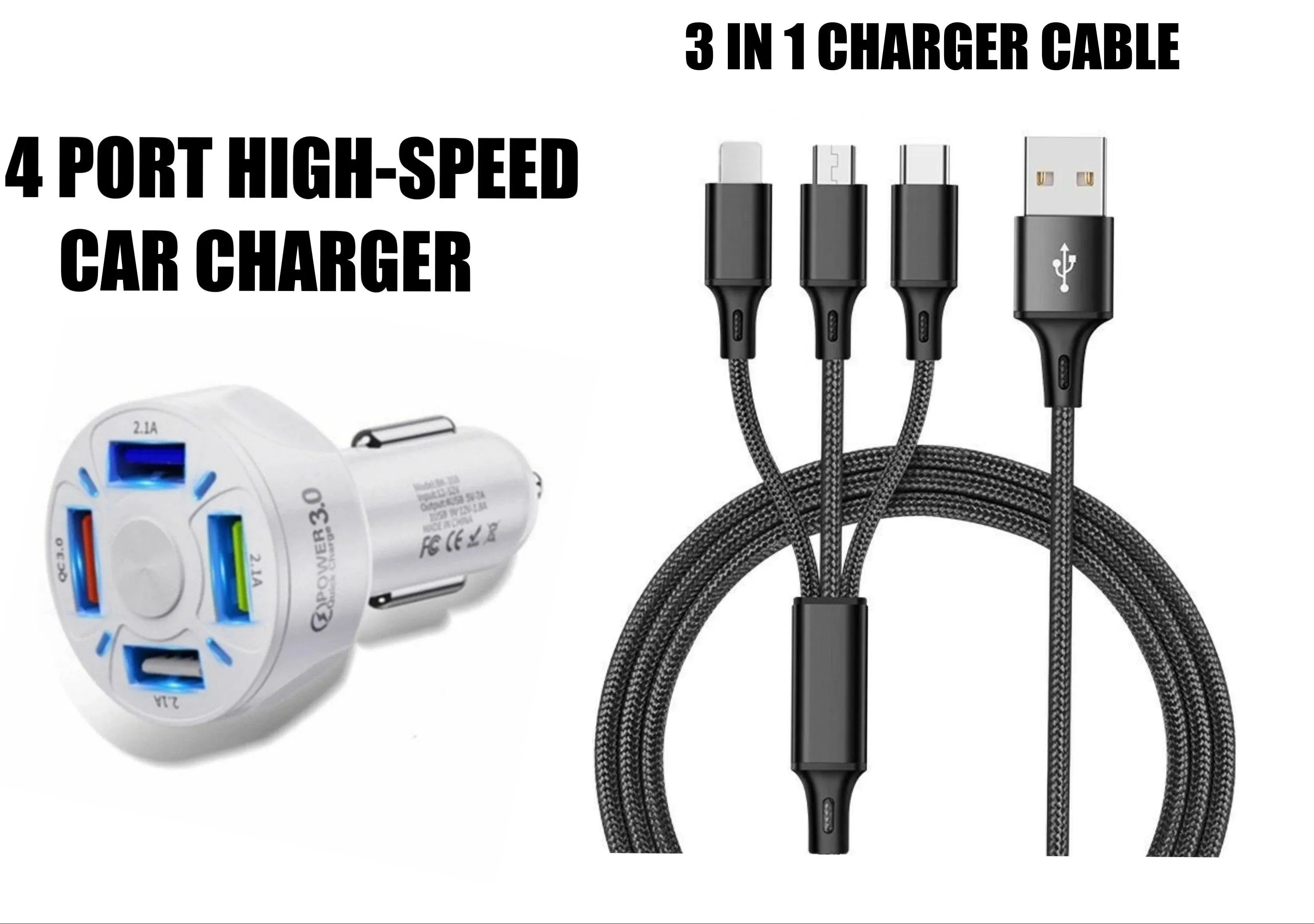 4 Port LED Car Charger   3 in 1 Cable Combo Black