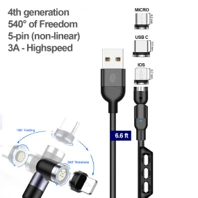 6.6 ft. 5-Pin magnetic cable pack / 1 cable, 3 tips (Micro USB, USB Type-C,  Universal) with tip holder included