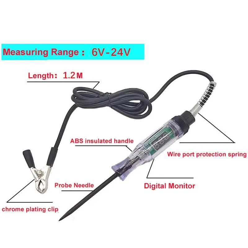 6V 12V 24V DC Car Truck Voltage Circuit Tester Digital Display Long Probe Pen Light Bulb Automobile Diagnostic Tools Auto Repair