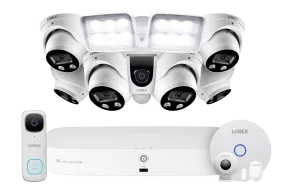 8-Channel NVR Fusion System with Six 4K Smart Deterrence IP Dome Security Cameras, 2K Wi-Fi Video Doorbell, Wi-Fi Floodlight Camera and Smart Sensor Starter Kit