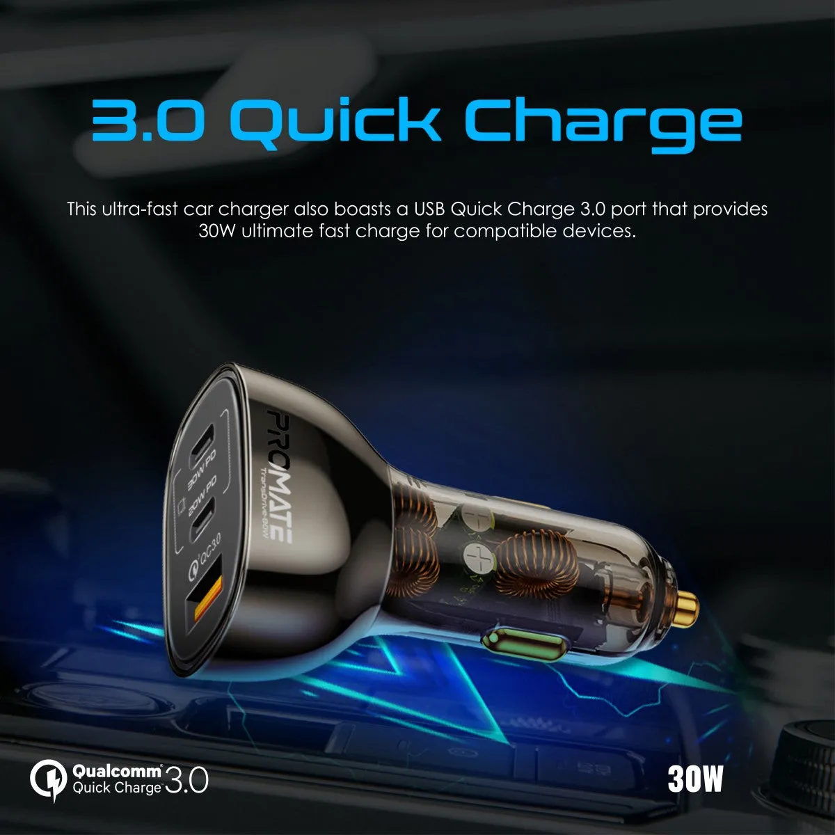 80W Multi-Port Transparent Car Charger with QC 3.0 & Power Delivery