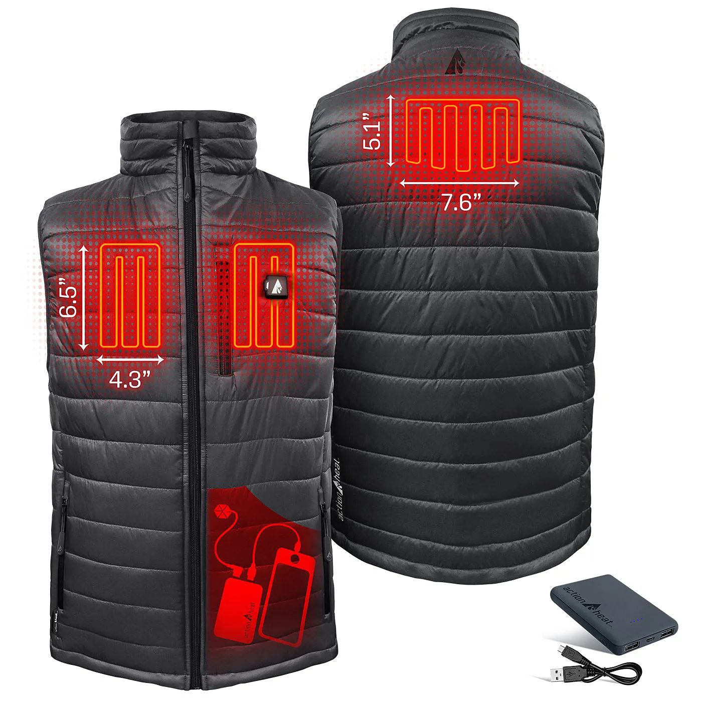 ActionHeat AH-PVST-5V 5V Tri-Zone Battery-Heated Insulated Puffer Vest for Men, XL, Quiet Grey