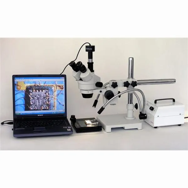 AmScope SM-3T Series Trinocular Zoom Stereo Microscope 3.5X-180X Magnification on Single Arm Boom Stand