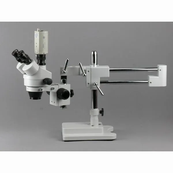 AmScope SM-3T Series Trinocular Zoom Stereo Microscope 3.5X-180X Magnification on Single Arm Boom Stand