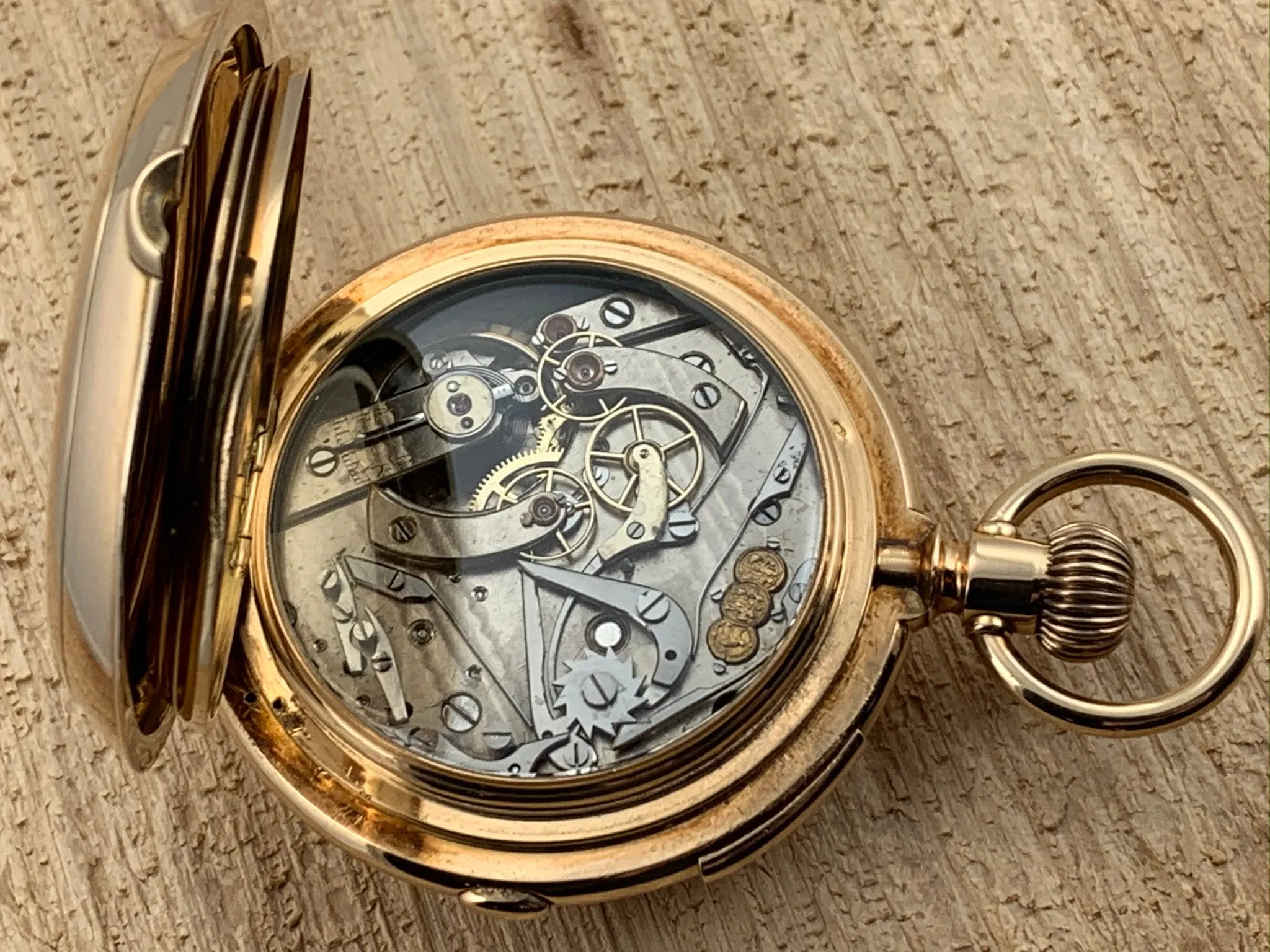 Antique A. Huguenin & Sons Locle 14K Yellow Gold 1/4 Hour Repeater with Chronograph Pocket Watch