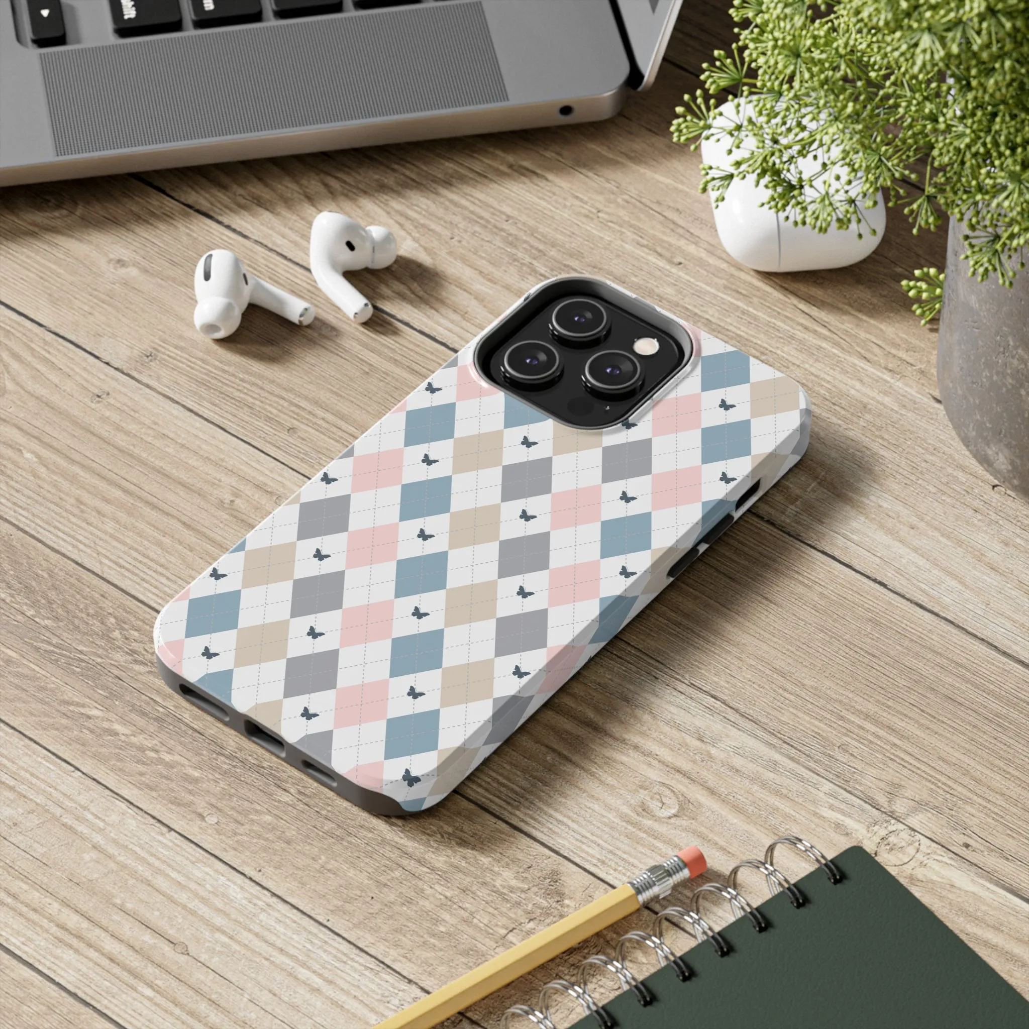 Argyle Pastel Plaid and Butterflies print design Tough Phone Case compatible with a large variety of iphone models