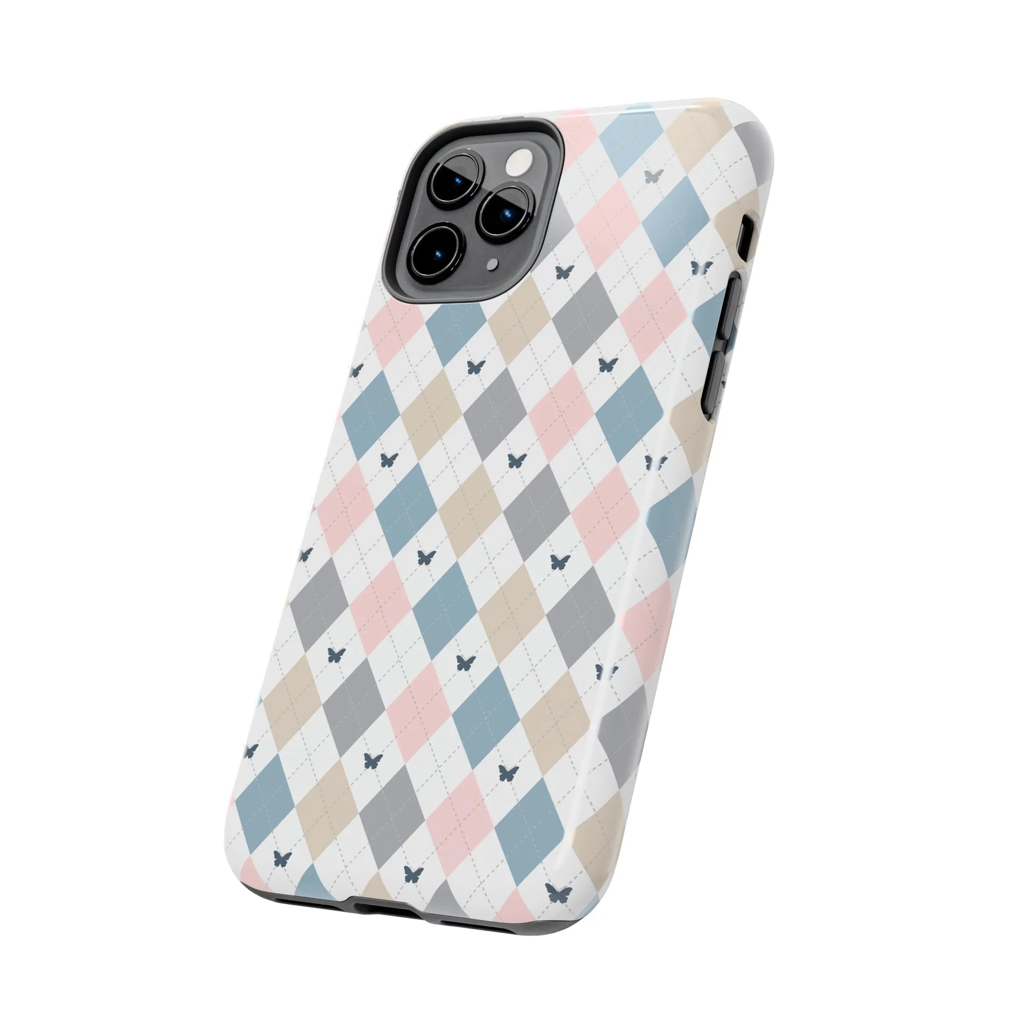 Argyle Pastel Plaid and Butterflies print design Tough Phone Case compatible with a large variety of iphone models