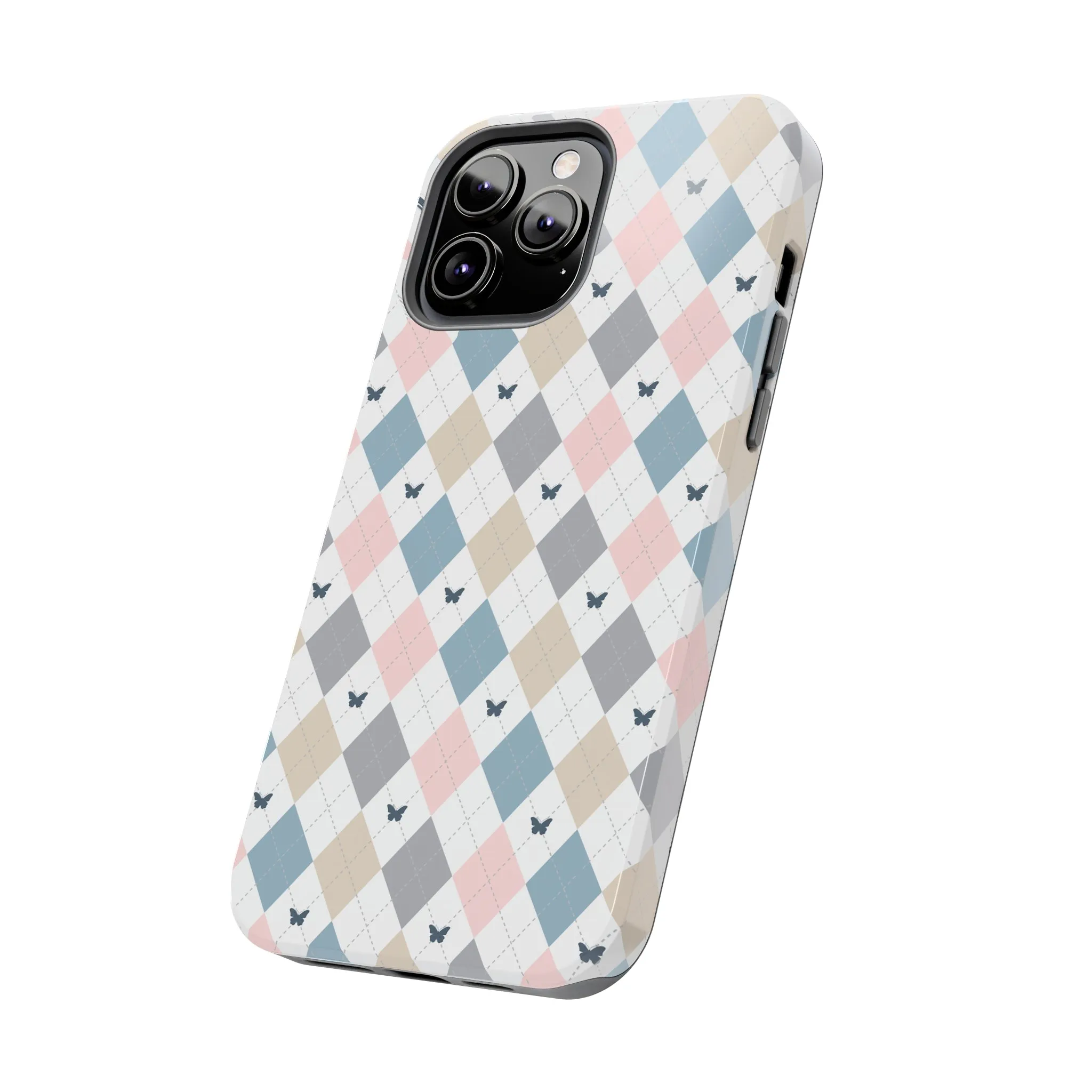 Argyle Pastel Plaid and Butterflies print design Tough Phone Case compatible with a large variety of iphone models