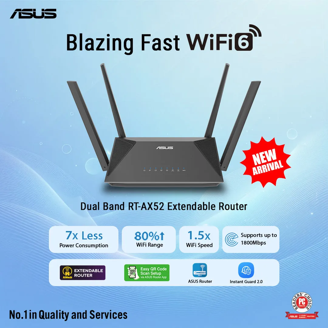 Asus RT-AX52 AX1800 Dual Band WiFi 6 Extendable Router | Parental Control Scheduling | AiMesh