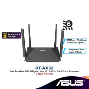 Asus RT-AX52 AX1800 Dual Band WiFi 6 Extendable Router | Parental Control Scheduling | AiMesh