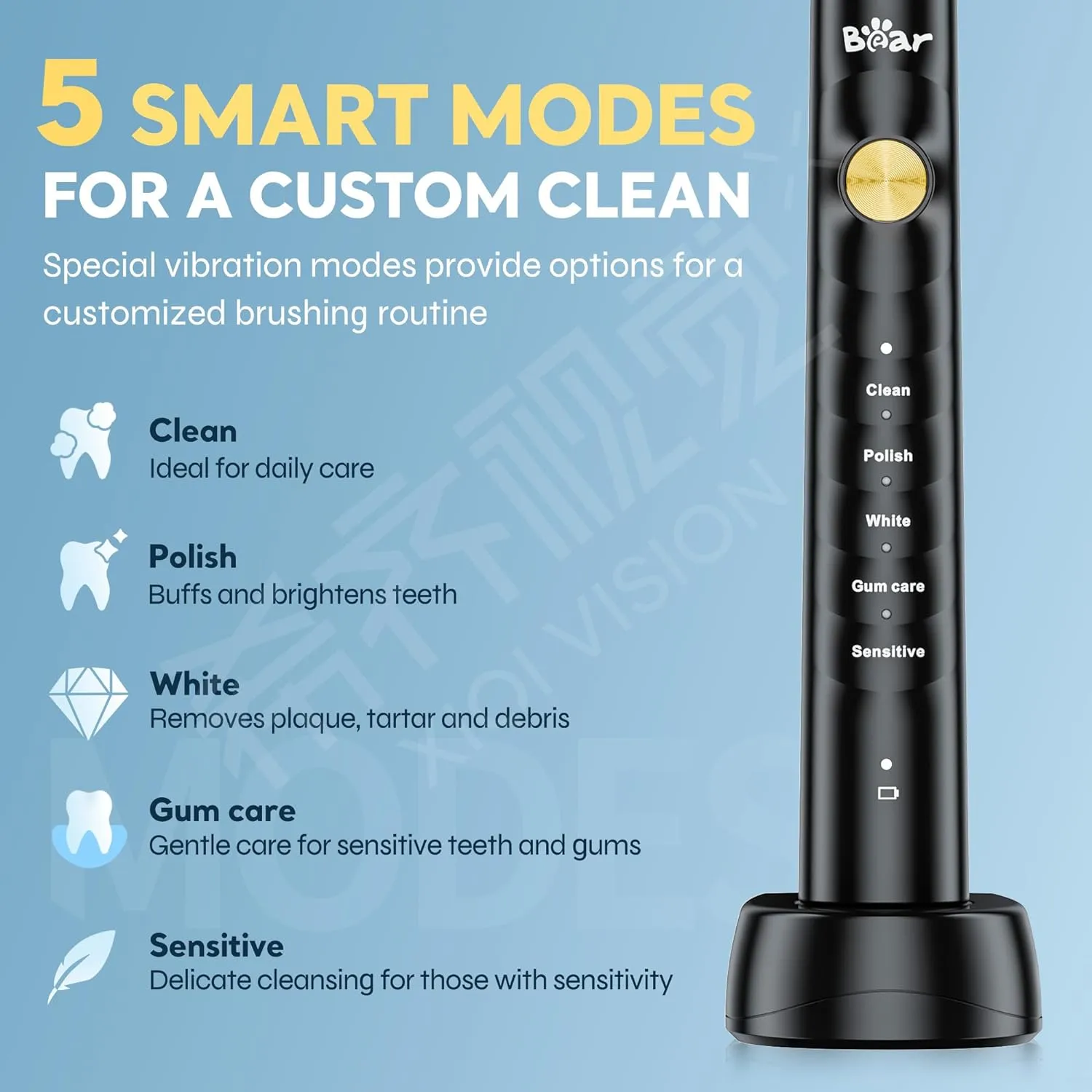 Bear Sonic Electric Toothbrush DYS-K02J3 5 Mode 6 Brush Heads & Travel Case, One Charge for 60 Days